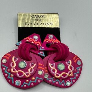 Vintage Carol For Eva Graham Clip On Earrings Large Dangle Bright Pink Geometric